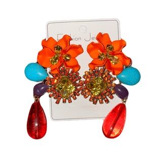 Vibrant Floral Statement Drop Earrings - Orange, Turquoise & Red